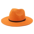 Close-up of vibrant orange woven straw fedora featuring a slim black decorative band - M (56-58cm) / Orange