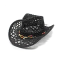 Chapeau de cowboy vintage en paille noire avec bande de perles ethniques pour la plage - M (56-58cm) / Noir