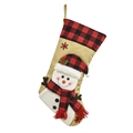 Detail of 3D plush snowman on burlap Christmas stocking with red black plaid cuff and hanger - 3D Snowman