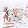 Pink and white travel-themed small square shoulder bag with colorful illustrations - Pink