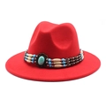 Red wool fedora hat with turquoise ethnic beaded band and wide brim for jazz style - M (56-58cm) / Red