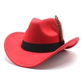 Close-up of a red felt western cowboy hat with a black band and two patterned feathers - M (56-58cm) / Red