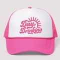 Pink and white trucker hat with Day Drinking print and breathable mesh back panel - One Size / Rose Red