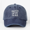 Vintage washed blue baseball cap featuring white Faith Over Fear embroidery detail - Adjustable / Navy Blue