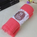 Handmade coral pink cotton scarf with fringe edges and natural crinkle texture - Watermelon red