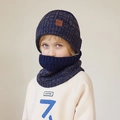 Kids winter knit set including a warm dark blue hat and neck warmer with fleece lining - 2-Piece Set (Hat + Scarf) / Navy Blue