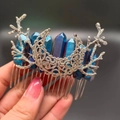Silver crescent moon hair comb with blue and purple raw natural crystals and branch details - Dark Blue + Branch + Moon