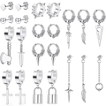 Silver stainless steel earring set with cross and feather pendants in a matrix layout - Silver Punk Pendant Comprehensive Set (36034)
