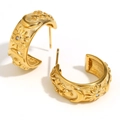 Golden C-shaped earrings with celestial sun, moon and star motifs and zircon stones - Celestial C-Shaped Earrings / Gold