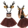 Brown reindeer antler headband with matching mesh tutu skirt and face art decor set - Large Antlers 3 3Pcs Set