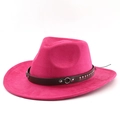 Detail of fuchsia faux suede cowboy hat with studded brown band and silver ring accent - M (56-58cm) / Rose Red