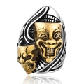 Punk style dual-tone mask and skull ring in polished silver and gold stainless steel - US 7 / Gold & Silver