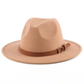 Classic camel wide brim wool fedora hat with dark brown buckled decorative band - M (56-58cm) / Camel