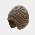 Detail of coffee brown ribbed knit beanie featuring thick texture and ear protection - Brown