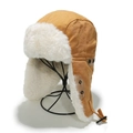 Dettaglio del cappello da aviatore in tela kaki con spessa fodera in pelliccia sintetica - M (56-58cm) / Cammello