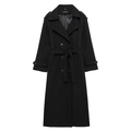 Women's black long wool coat with double-breasted buttons and belt on white background - S / Black