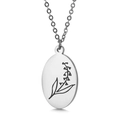 Silver oval stainless steel necklace pendant with minimalist floral engraving design - May Lily of the Valley (KN227538-Z)