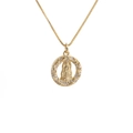 Close-up of gold plated Virgin Mary pendant with sparkling CZ stones and box chain - 0455YS Round Micro-set Zirconia