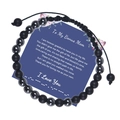 Close-up of Morse code bead bracelet with 'To My Bonus Mom' gift card on white backdrop - Bonus Mom