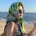 Artistic marble pattern silk scarf in green and yellow tied as a French headscarf - Oil Painting Sunflower-Green