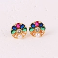 Pendientes de cobre chapados en oro 18K con flores de circón y perla pequeña - Oro de 18K / Colorido