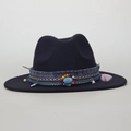 Detail of navy wool fedora hat featuring ethnic woven bands and turquoise stone accent - M(56-58cm) / Black