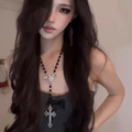 Gothic black bead necklace featuring a silver bat and cross pendant on a model - Beaded Cross Bat Necklace