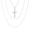 Drielaagse zilveren halsketting met kruishanger en elegante witte parels - Zilver (0727)