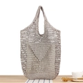 Beige crochet woven tote bag with triangular flap design and inner fabric lining - Gray