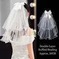 Short double-layer white bridal veil with pearls, bow accessory, 50cm length - Double Layer Lettuce Edge Beaded Veil (Approx. 50cm - Hair Clip - with Artificial Pearls) / White