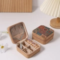 Portable cork travel jewelry box with boho patterns showing open and closed views - 10*10*5cm / Vintage Wood Grain [Geometric Grid]