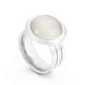 Three-row silver stainless steel ring with a round white opal cabochon setting - Silver Band Round Milky White Cabochon Stone Style (KR107824-K)