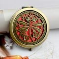Vintage bronze compact mirror with dragonfly hollow design and colorful rhinestones - Dragonfly Pattern - Bronze