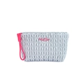 Silver quilted cosmetic bag with pink knot zipper and metallic heart logo detail - Hexagonal Bag / Silver