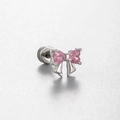 Silver stainless steel bow cartilage stud earring with pink heart cubic zirconia stones - Double Heart Bow Style (A136-4#)