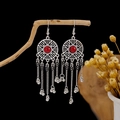Bohemian silver earrings with red stone and long tassel fringe details - Silver + Red Stone + Beads (E2558)