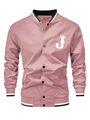 Detailweergave van roze baseballjack met witte chenille J-patch en gestreepte ribboorden - S / Tops / Roze