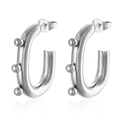 Silver geometric oval titanium steel earrings with triple bead detail in C-shape design - Oval Beads Steel (MS-713)