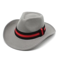 Detail of grey felt cowboy hat featuring a distinctive black and red striped ribbon band - Gray