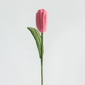 Handmade crochet pink tulip flower with green leaf and stem for home decor gifts - Closed Deep Pink Tulip
