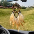 Brown dream catcher car charm with tiger eye stones and beige feathers on rearview mirror - Natural