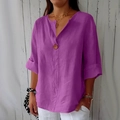 T-shirt décontracté en coton lin violet pour femme avec col en V et bouton décoratif - 3XL / Fuchsia