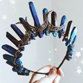 Detail of dark blue iridescent crystal crown with bronze crescent moon and starry background - Dark Blue Crystal + 3 Moons