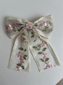 Lace embroidery large bow hair clip with cream mesh and pink floral patterns - Large - Pink Lotus