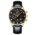Business men's watch with golden steel case, black leather strap and multi-function dial - Black Dial Gold Pointer Gold Case