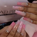 Pink French press-on nails with glitter ombre, snowflake motifs, and 3D rhinestones - Pink Glitter Snowflake Rhinestone Rectangle Style (JP1901)