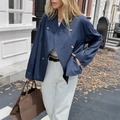 Navy blue double-breasted loose blazer jacket for women in street style city setting - S / Navy Blue