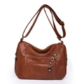 Classic brown soft PU leather crossbody bag for women with dual zipper pockets - Brown