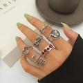 6-piece vintage silver gothic ring set featuring rose, butterfly, and snake designs - Rose Butterfly And Mask Poker Style (XT-14310)