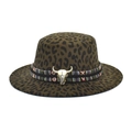 Flat top leopard print wool fedora hat with wide brim and vintage bull skull accessory - M (56-58cm) / Army Green